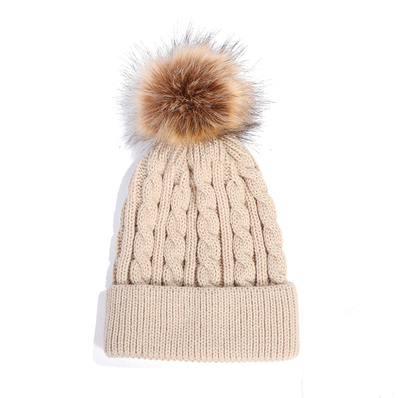 Knit beanie hat beige with pom pom