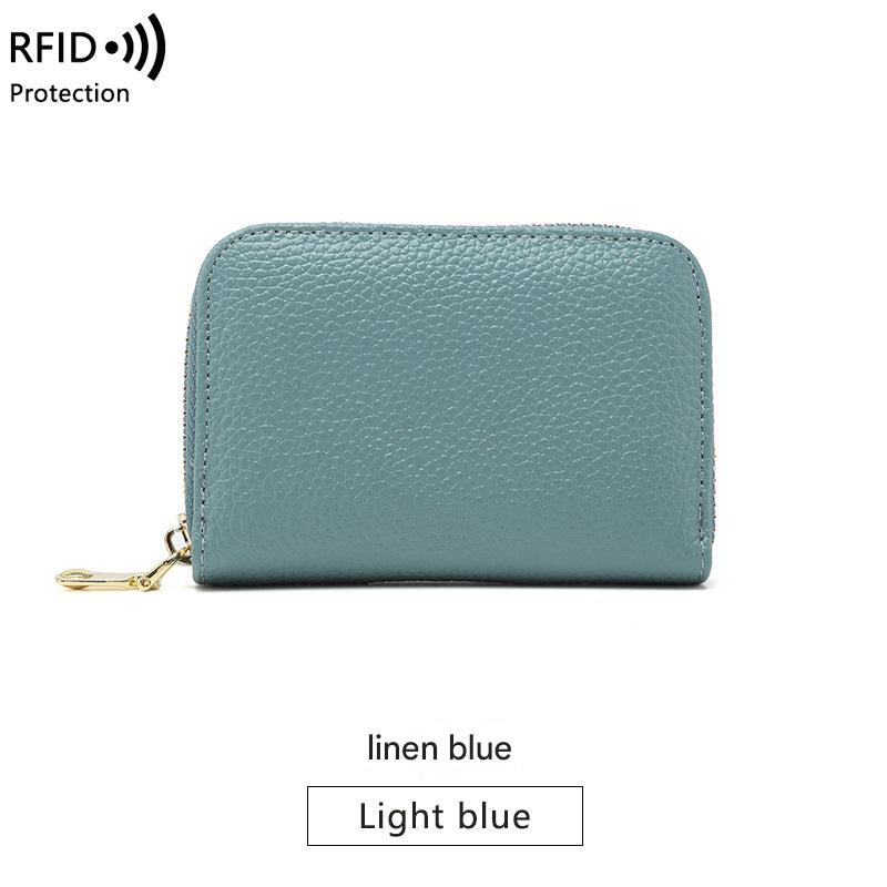 RFID blocking leather wallet in linen blue color