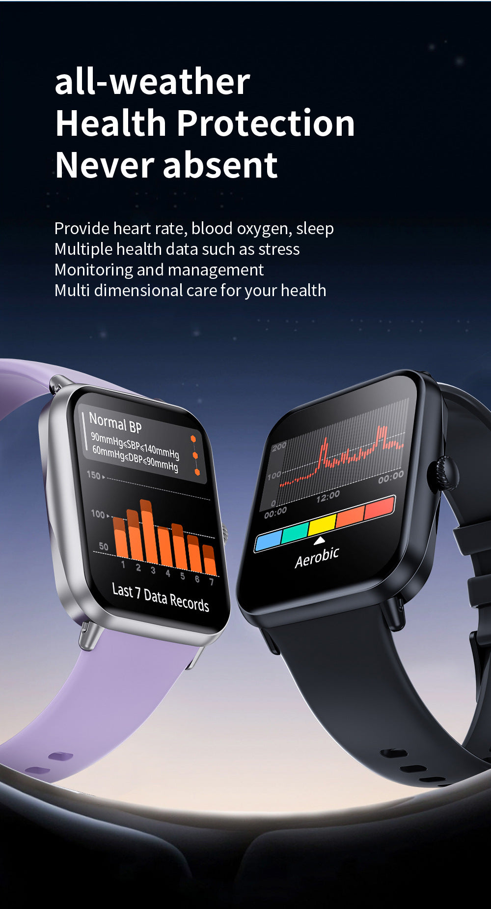Colorful smartwatch options in pink, green, and black