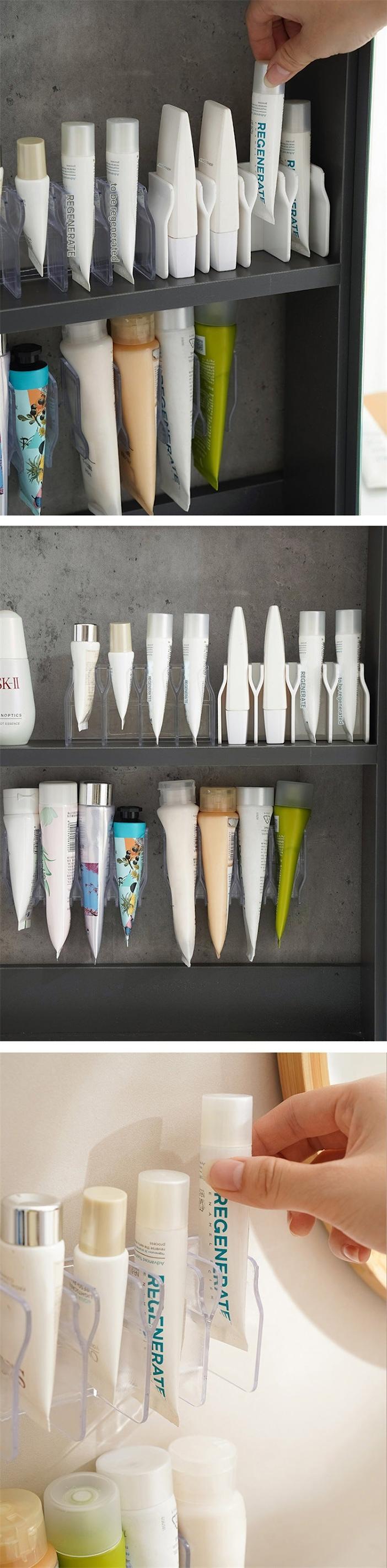 Close-up of modern plastic bathroom storage solution