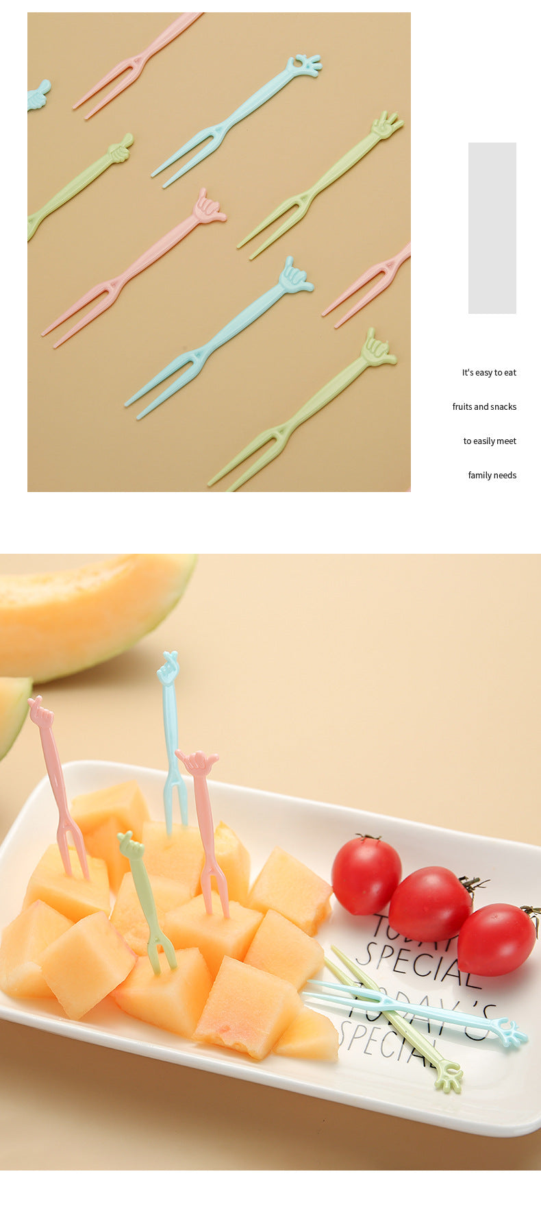 disposable fruit forks set in pink blue green colors