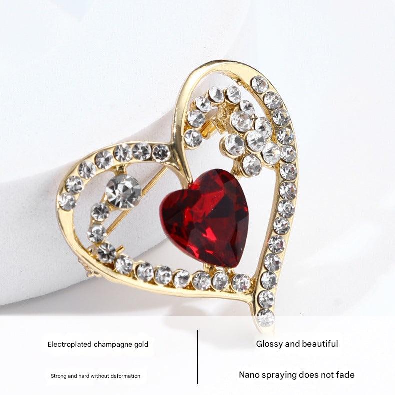 Heart shaped crystal brooch red rhinestone