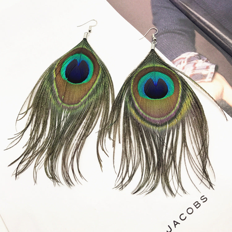 Bohemian Vintage Peacock Feather Long Dangle Earrings in unique design