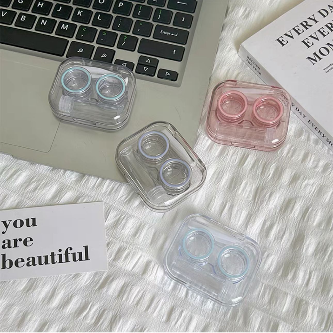 Stylish contact lens case with mirror - cream color