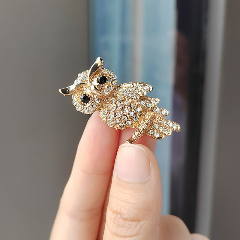 Owl Brooch with Crystals - Blue