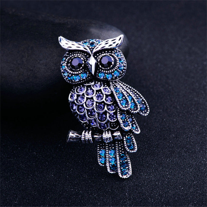 Owl Brooch with Crystals - Antique Gold