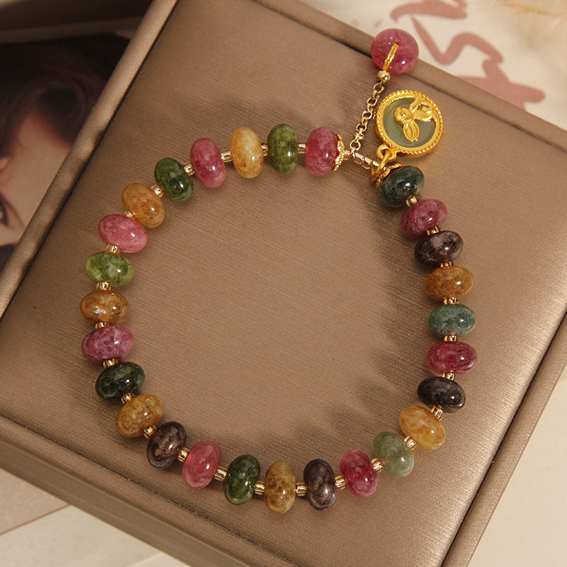 Natural multicolored tourmaline bracelet with rabbit pendant