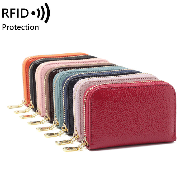 RFID blocking leather wallet in linen blue color