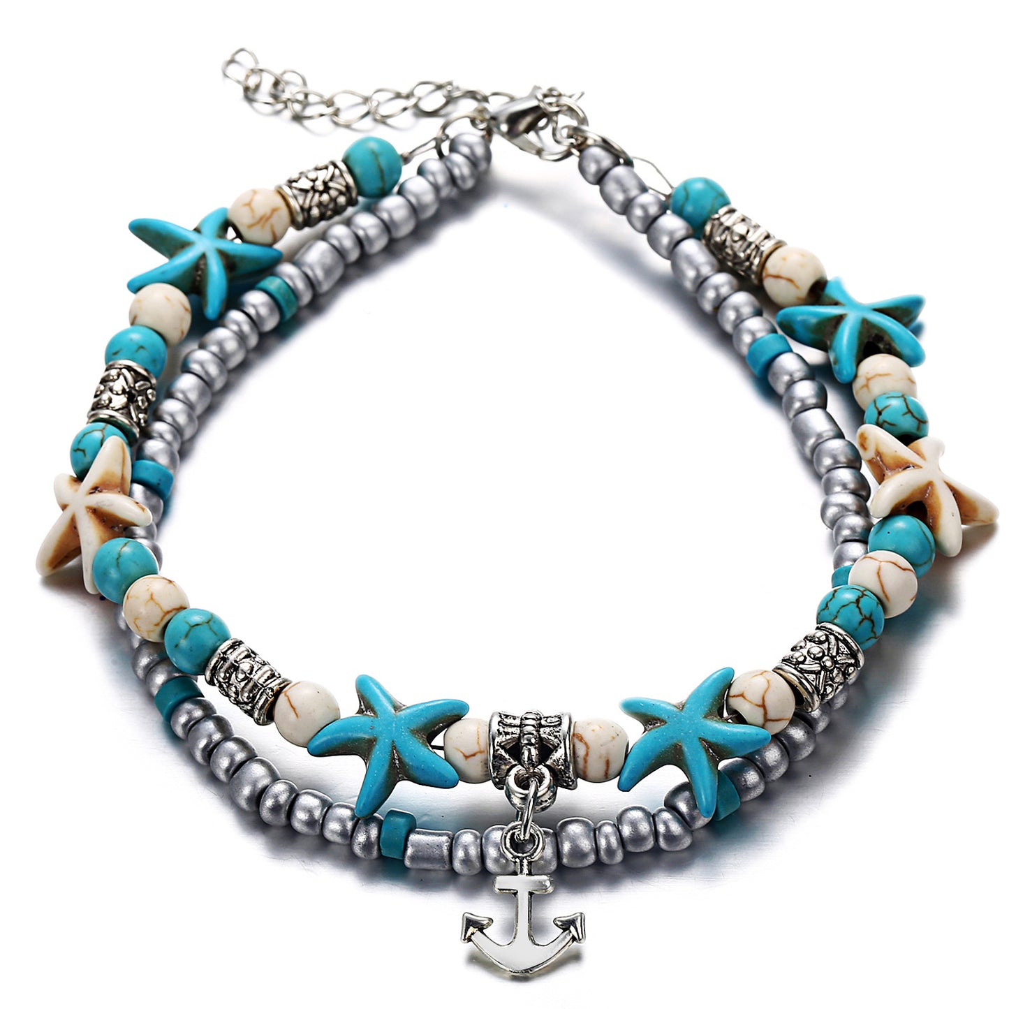 ocean-themed anklet with shells and turtles