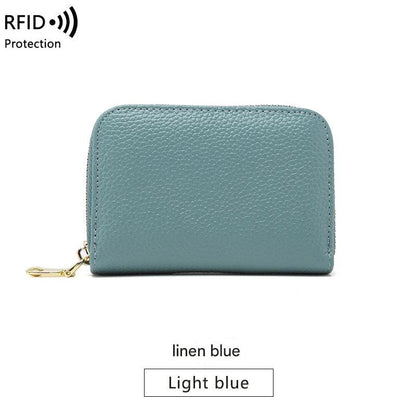 RFID blocking leather wallet in linen blue color
