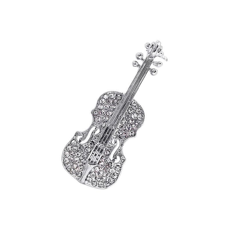 Sparkling Rhinestone Violin Brooch on White Background
