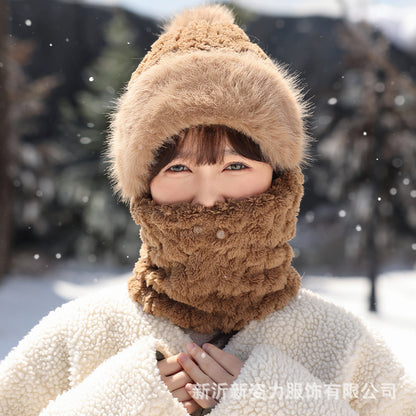 Cream winter hat styled with neck warmer