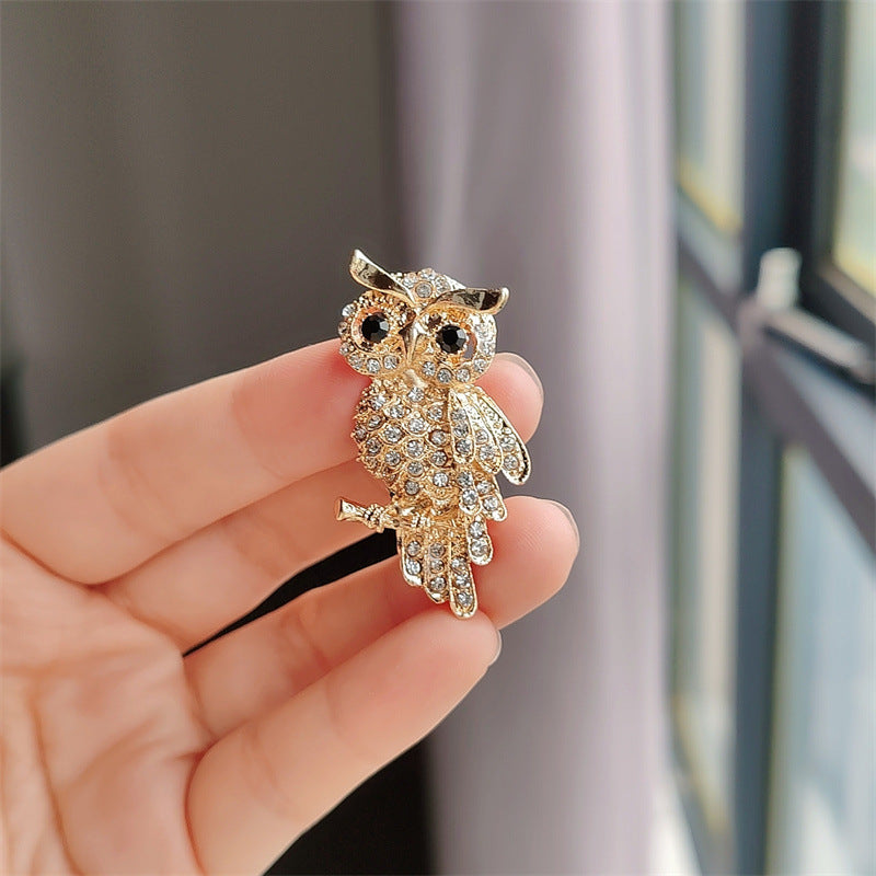 Owl Brooch with Crystals - Antique Gold