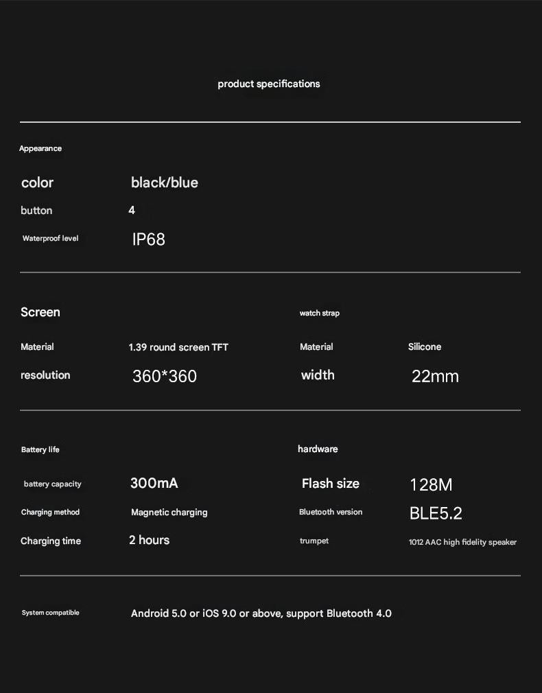 S52 smartwatch black Bluetooth call feature