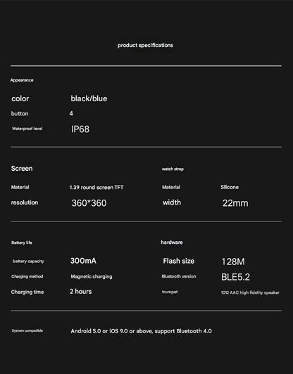 S52 smartwatch black Bluetooth call feature
