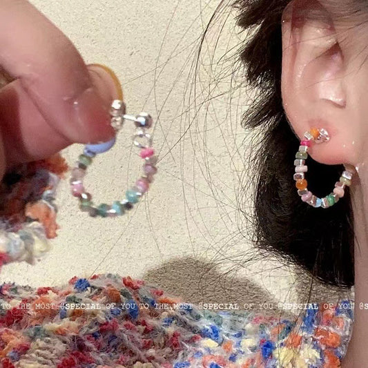 Colorful Beaded Silver Stud Earrings Image 7