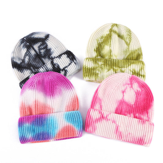 Winter knit beanie blue tie-dye style