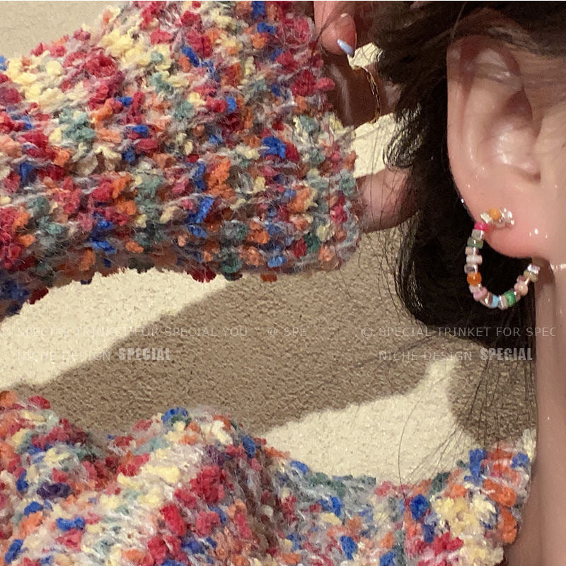 Colorful Beaded Silver Stud Earrings Image 2