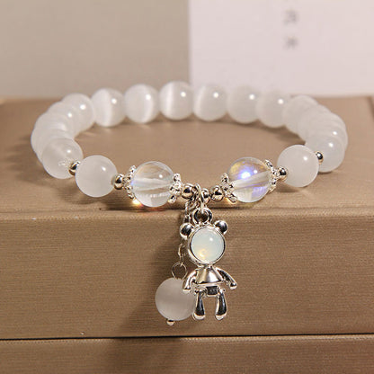 Cat's eye beaded bracelet with clover charm for women