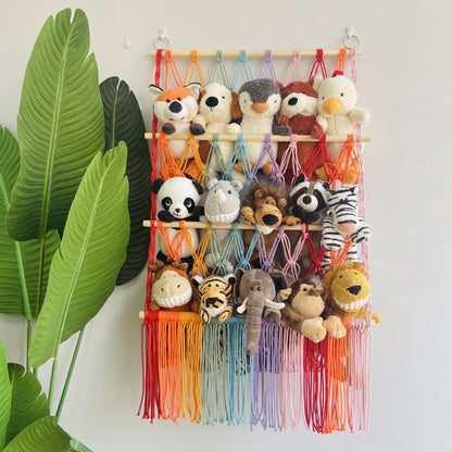 bohemian toy organizer with net baskets