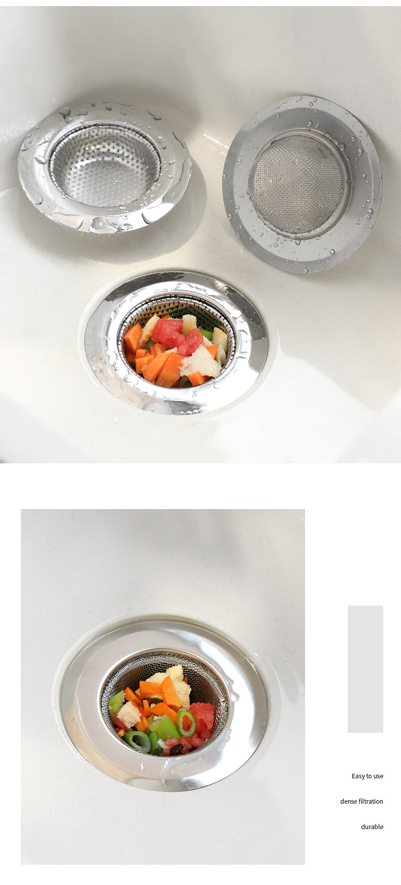 Close-up of sink strainer showcasing stainless steel material