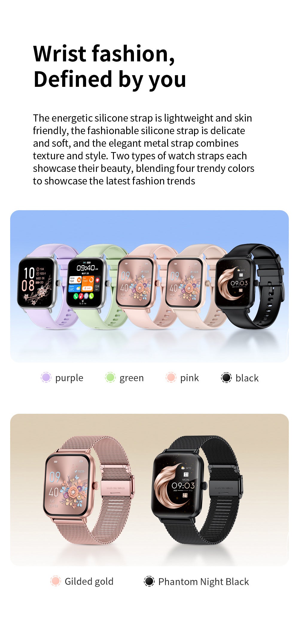 Colorful smartwatch options in pink, green, and black