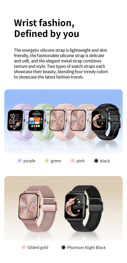 Colorful smartwatch options in pink, green, and black