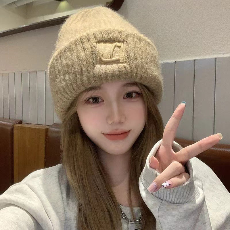 women's winter knit beanie hat - khaki color