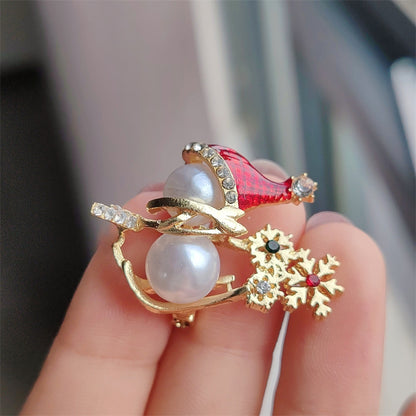 Cute Christmas Pearl Snowman Brooch Front View