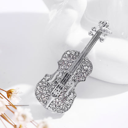 Chic Violin Brooch for Women - Rhinestone Pin Front View