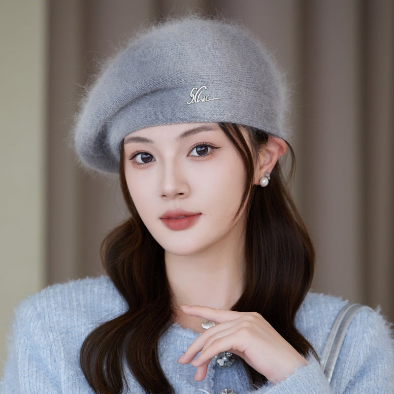 Burgundy Rabbit Fur Beret for Winter Fashion