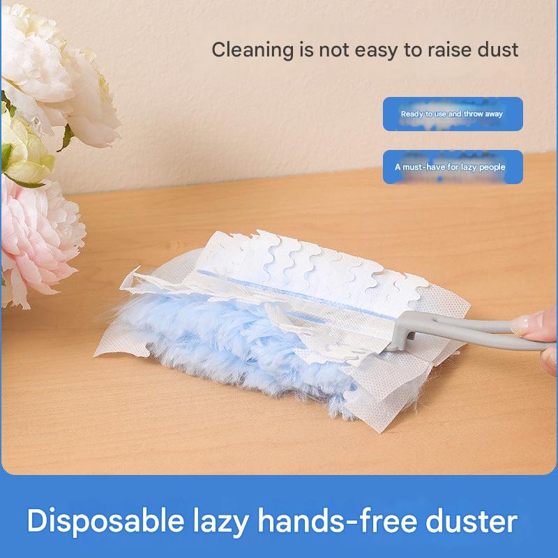 Duster reaching high shelves for cleaning