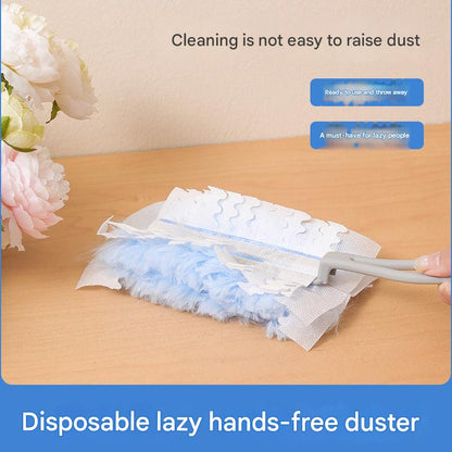 Duster reaching high shelves for cleaning