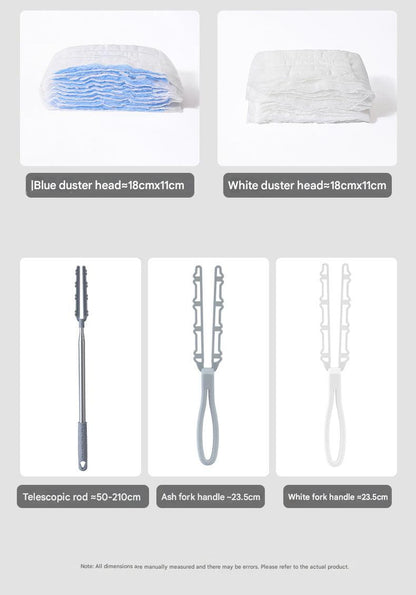 Duster reaching high shelves for cleaning