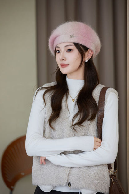 Burgundy Rabbit Fur Beret for Winter Fashion