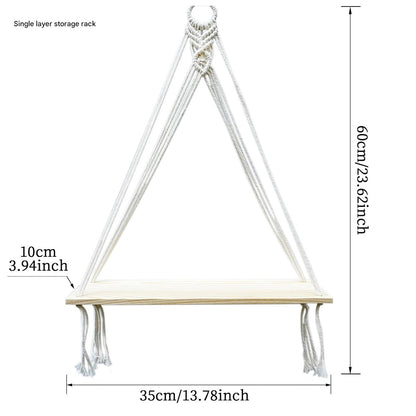 Cotton rope wall hanging shelf with wooden board image 2