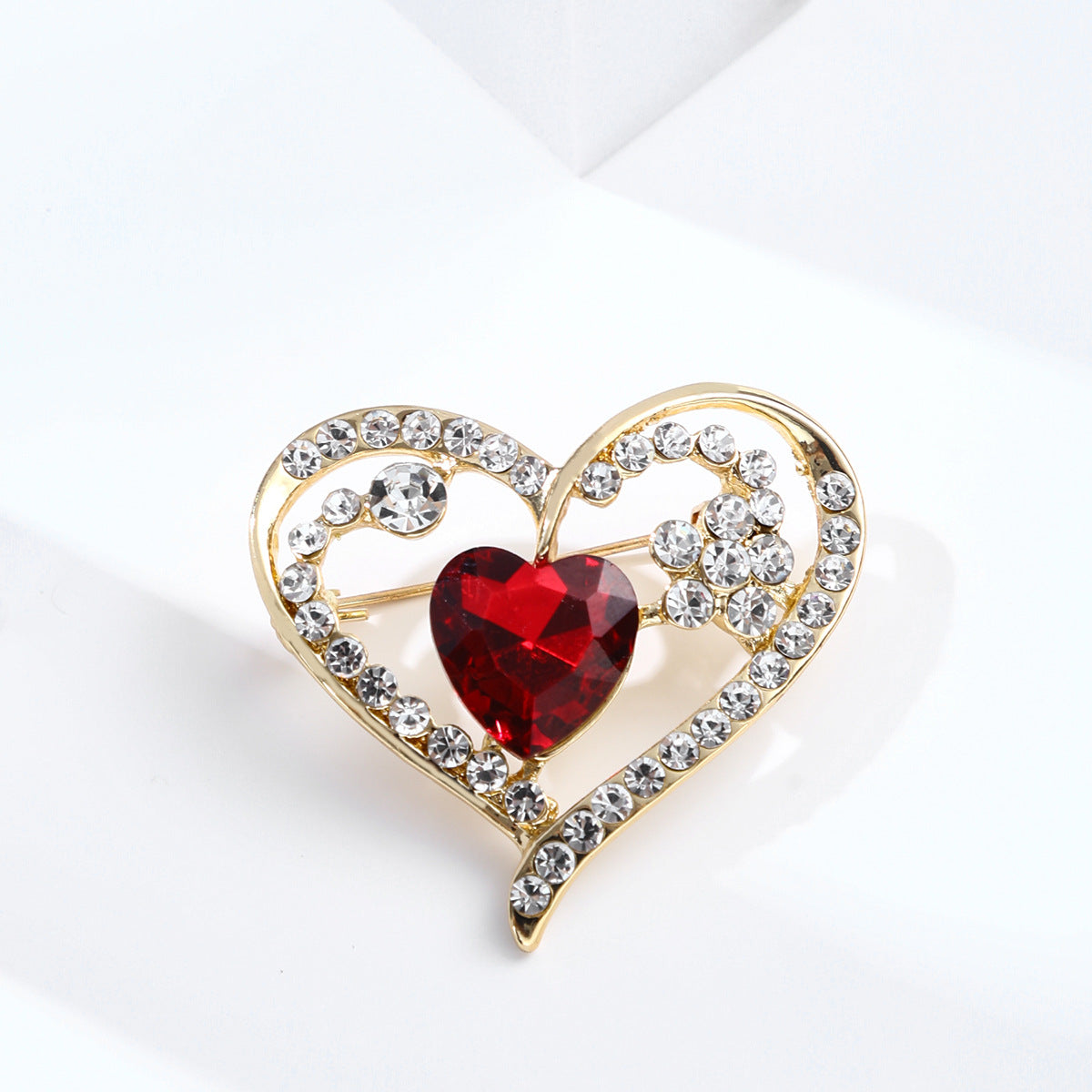 Heart shaped crystal brooch red rhinestone