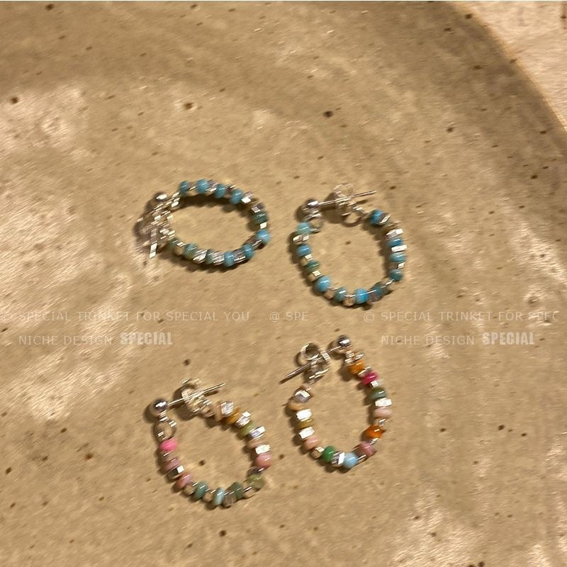 Colorful Beaded Silver Stud Earrings Image 4