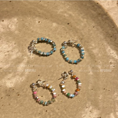 Colorful Beaded Silver Stud Earrings Image 4