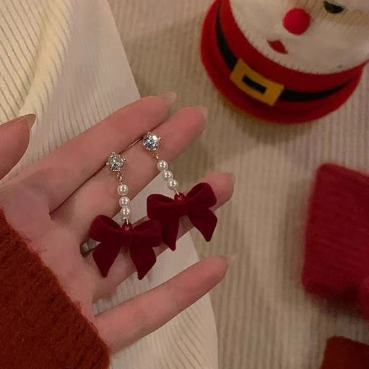 Red velvet bow earrings design for women