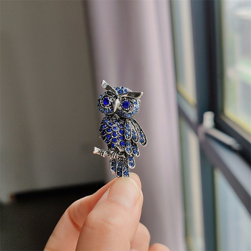 Owl Brooch with Crystals - Blue