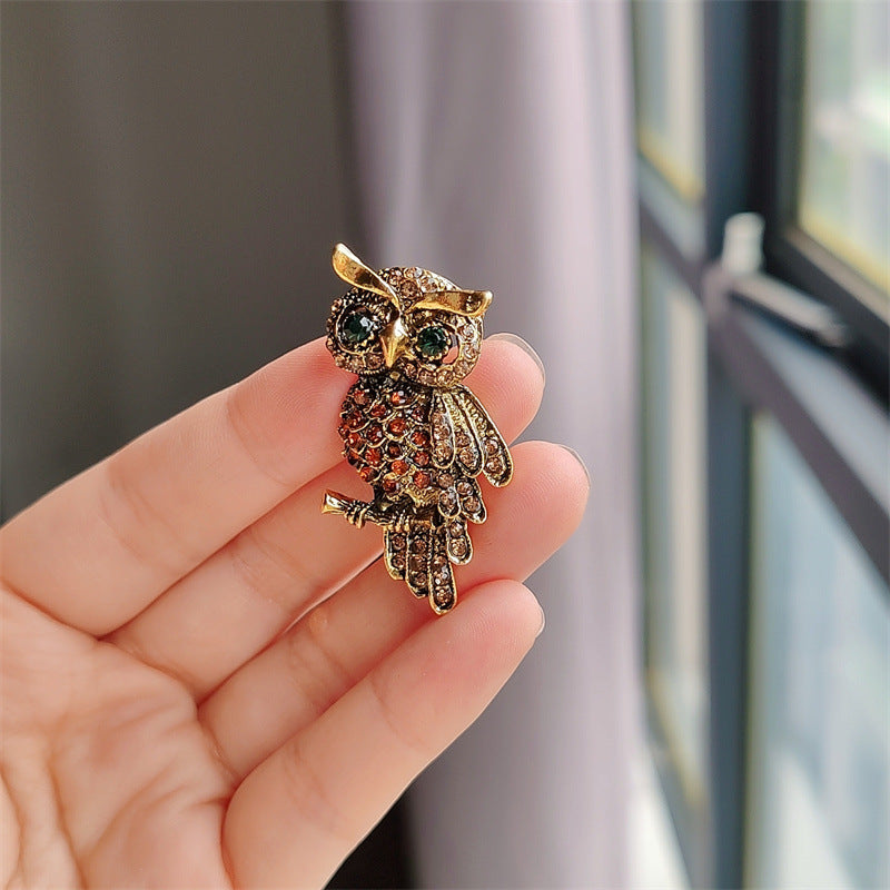 Owl Brooch with Crystals - Antique Gold