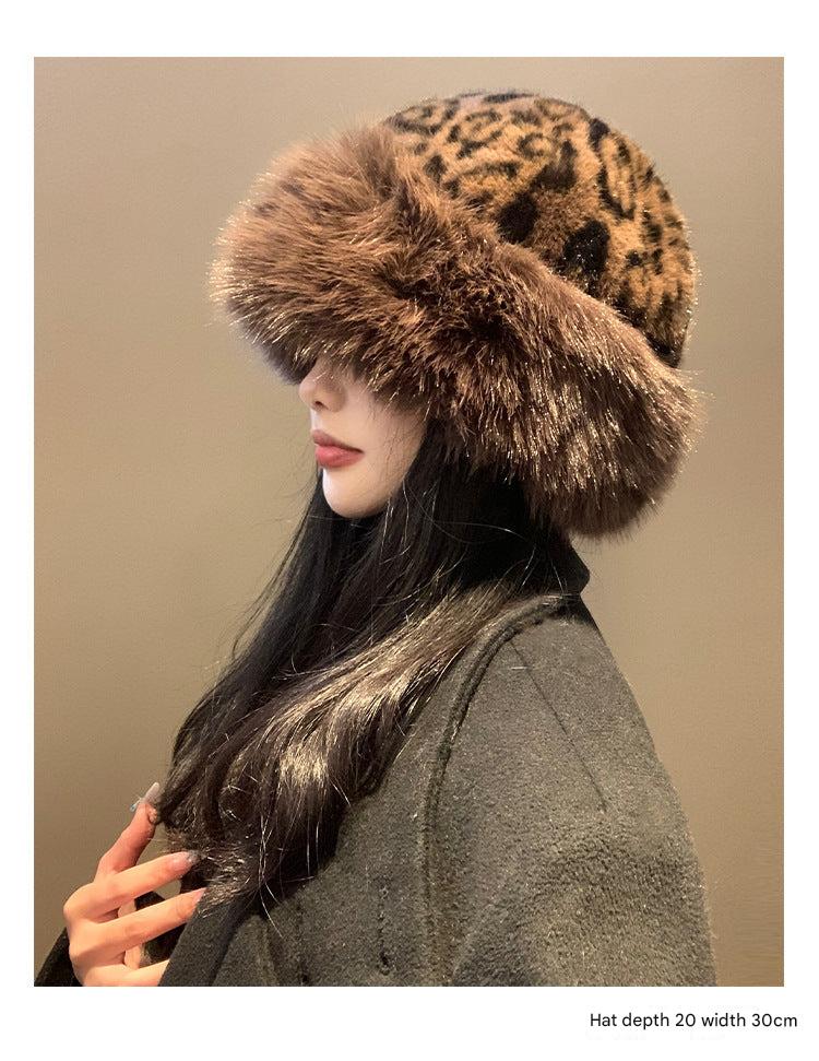 leopard print plush hat for women