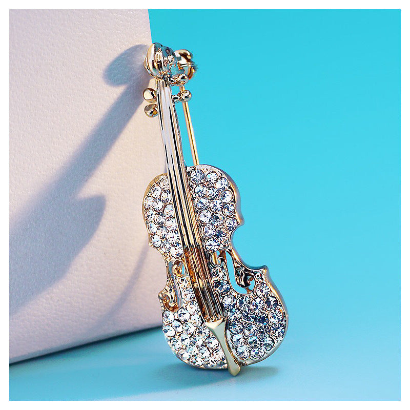 Violin Brooch on Model - Fashion Accessory