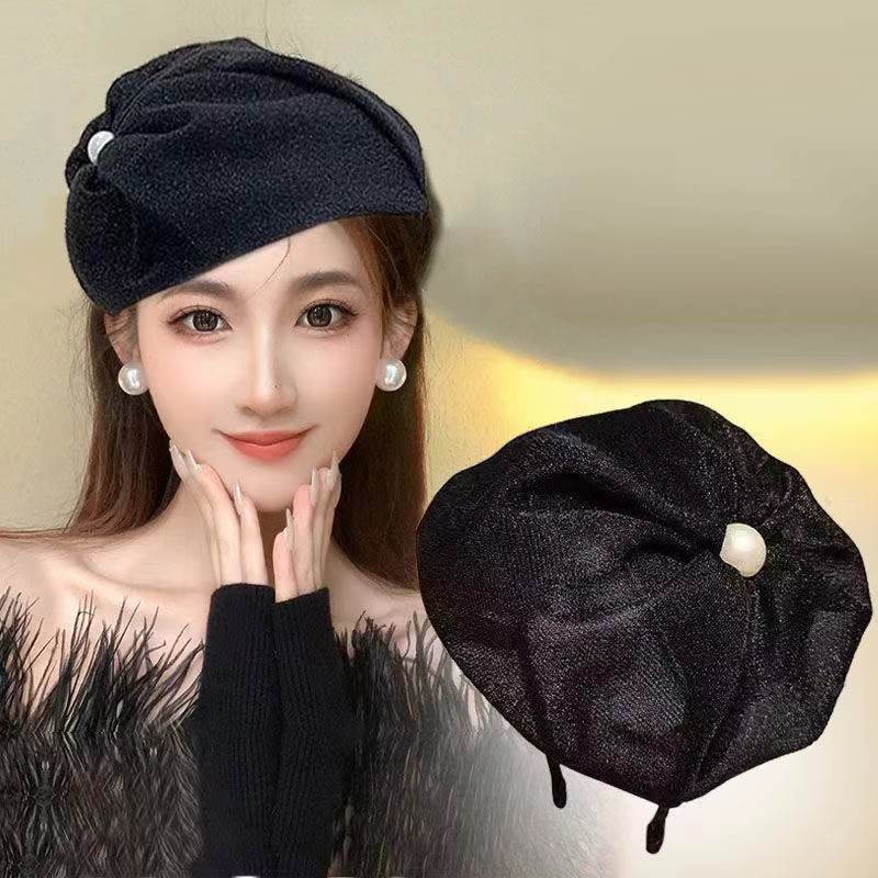 Elegant Retro Pearl Bow Beret Hat Image 8