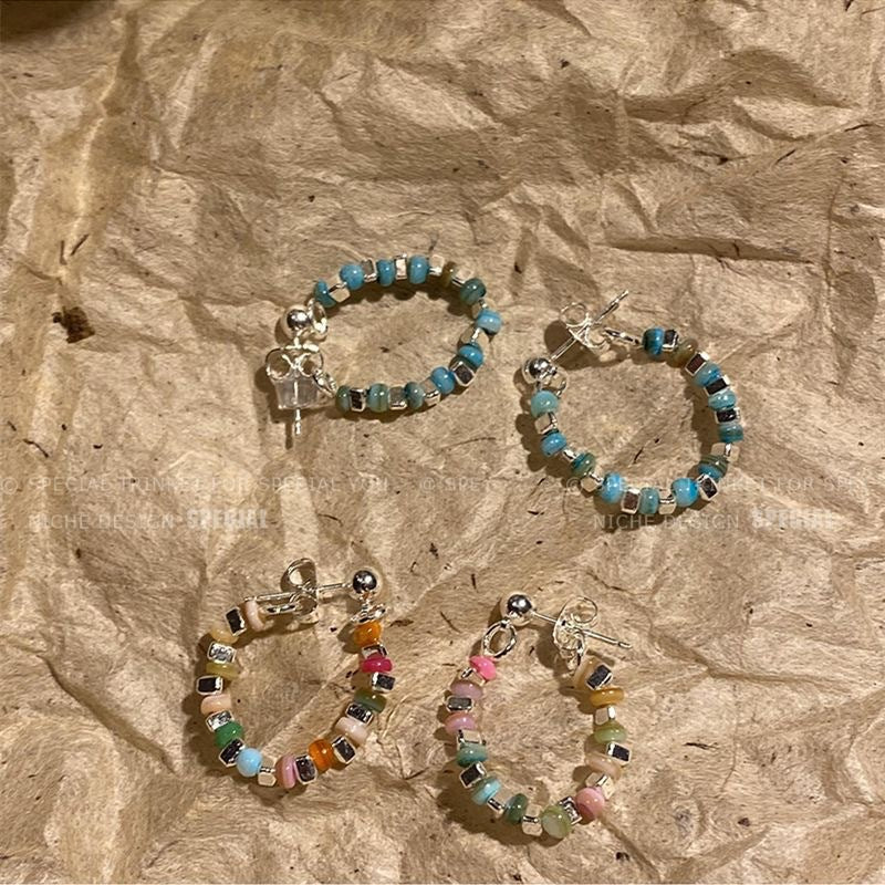 Colorful Beaded Silver Stud Earrings Image 5