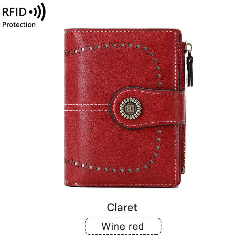 RFID blocking women's wallet in burgundy