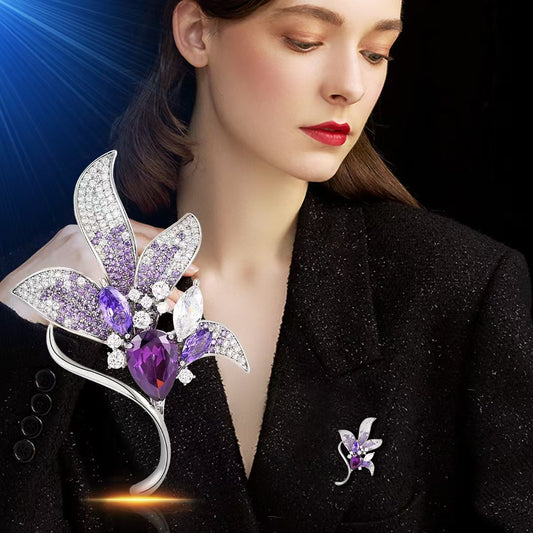 Chic brooch with purple lily design on a jacket
